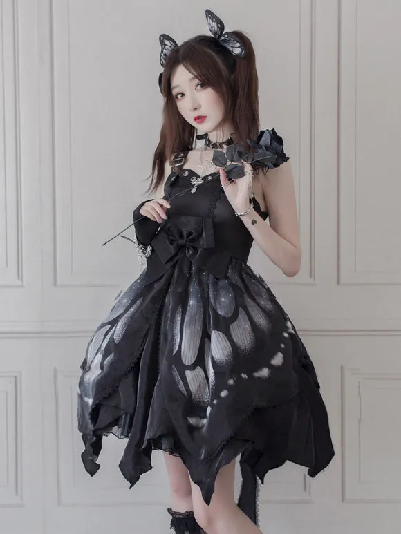 Gothic Lolita JSK Dress Blue Sleeveless Lace Up Ruffles Bow Butterfly Pattern Polyester Casual Lolita Jumper Skirt
