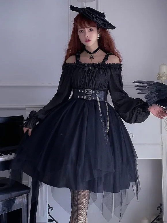Gothic Lolita OP Dress Black Burgundy Ruffles Bows Open The Shoulder Long Sleeves Lolita One Piece Dress
