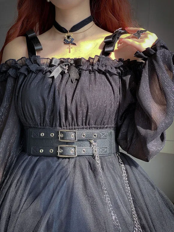 Gothic Lolita OP Dress Black Burgundy Ruffles Bows Open The Shoulder Long Sleeves Lolita One Piece Dress