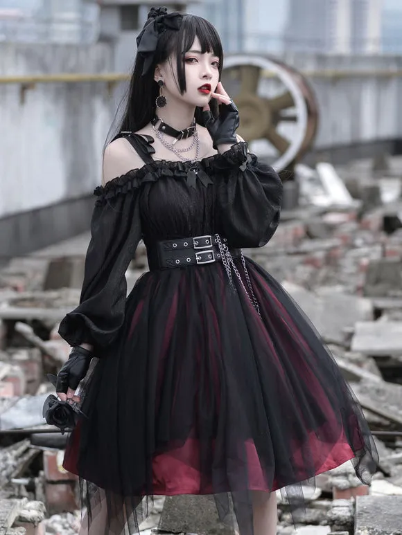 Gothic Lolita OP Dress Black Burgundy Ruffles Bows Open The Shoulder Long Sleeves Lolita One Piece Dress