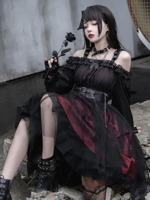Gothic Lolita OP Dress Black Burgundy Ruffles Bows Open The Shoulder Long Sleeves Lolita One Piece Dress