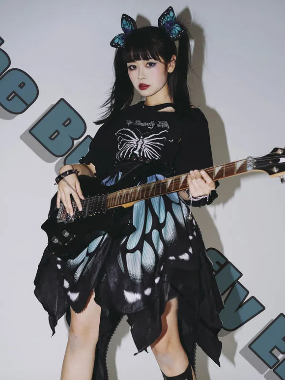 Gothic Lolita SK Deep Blue Butterfly Pattern Steampunk Lolita Cummerbund Skirt 3-Piece Set