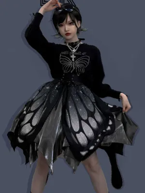 Gothic Lolita SK Deep Blue Butterfly Pattern Steampunk Lolita Cummerbund Skirt 3-Piece Set