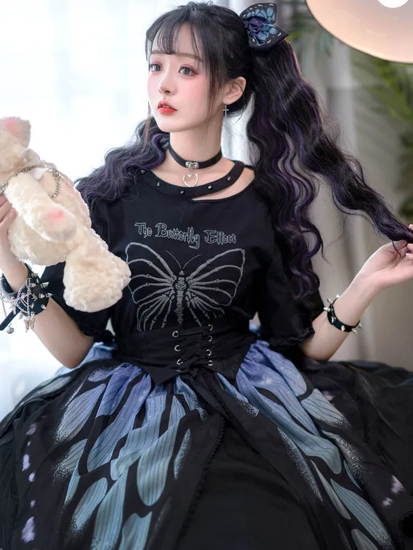 Gothic Lolita SK Deep Blue Butterfly Pattern Steampunk Lolita Cummerbund Skirt 3-Piece Set