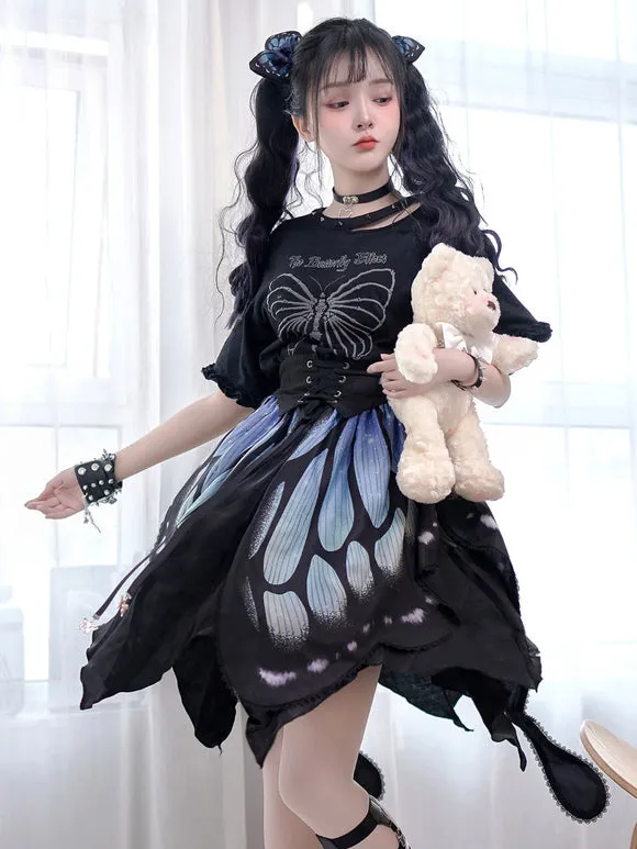 Gothic Lolita SK Deep Blue Butterfly Pattern Steampunk Lolita Cummerbund Skirt 3-Piece Set