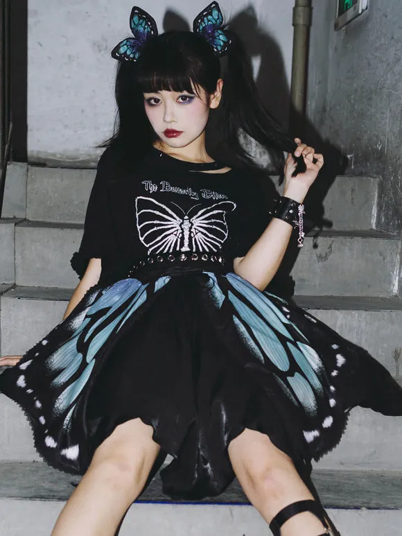 Gothic Lolita SK Deep Blue Butterfly Pattern Steampunk Lolita Cummerbund Skirt 3-Piece Set