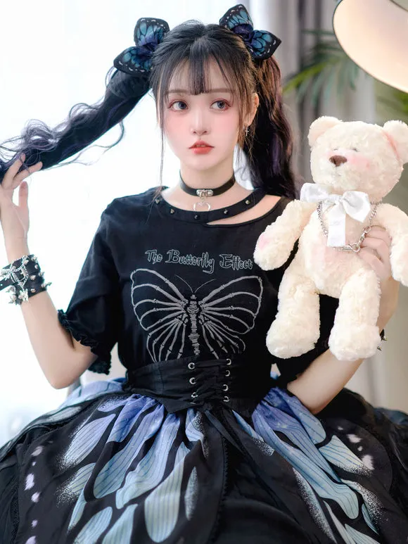 Gothic Lolita SK Deep Blue Butterfly Pattern Steampunk Lolita Cummerbund Skirt 3-Piece Set