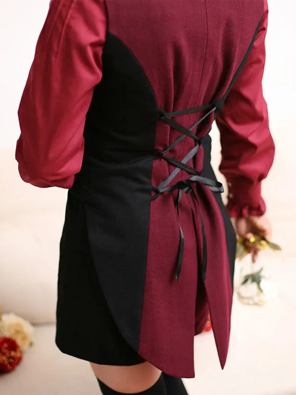 Gothic Ouji Lolita Outfits Black Lace Up Color Block Sleeveless Pants Overcoat