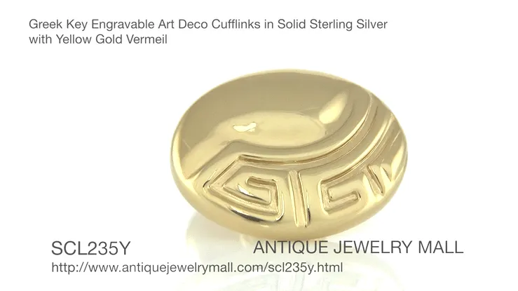 Greek Key Engravable Art Deco Cufflinks in Solid Sterling Silver with Yellow Gold Vermeil