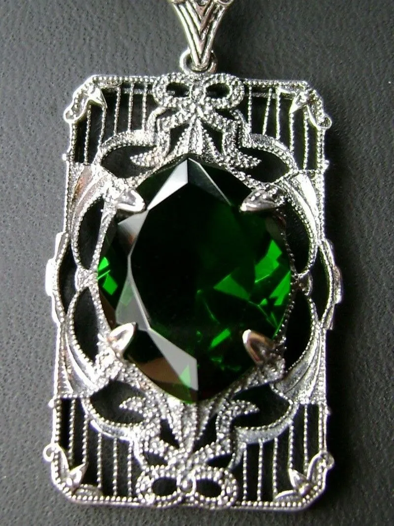 Green Emerald Pendant, Art Deco Sterling Silver Filigree Jewelry, P24