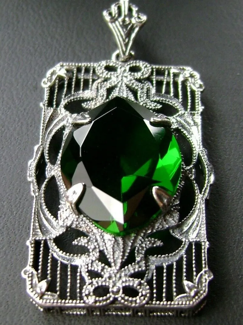 Green Emerald Pendant, Art Deco Sterling Silver Filigree Jewelry, P24