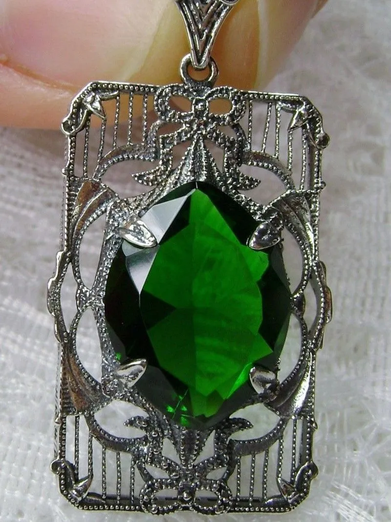 Green Emerald Pendant, Art Deco Sterling Silver Filigree Jewelry, P24