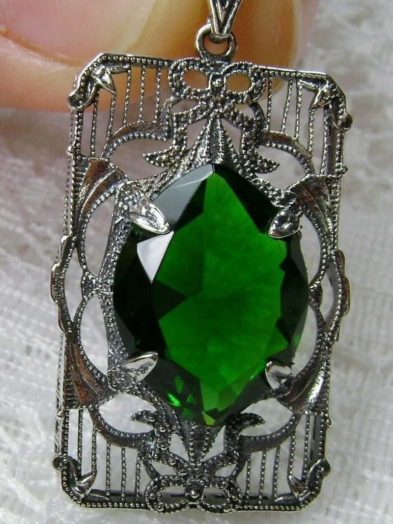 Green Emerald Pendant, Art Deco Sterling Silver Filigree Jewelry, P24