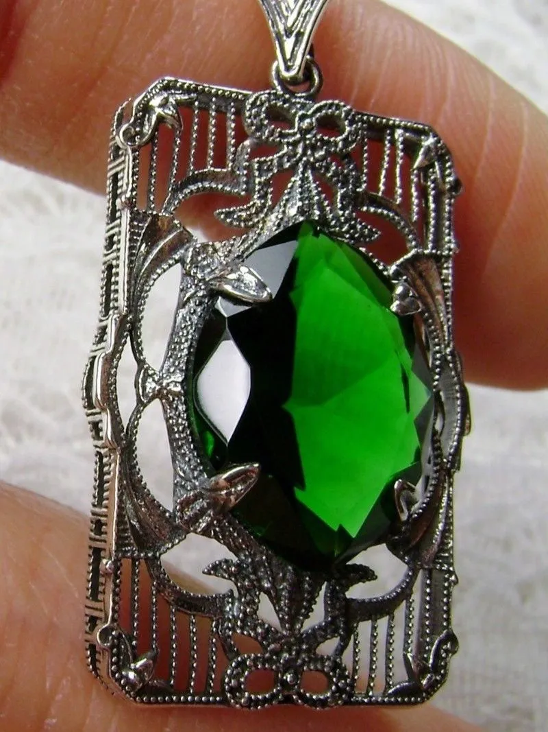 Green Emerald Pendant, Art Deco Sterling Silver Filigree Jewelry, P24