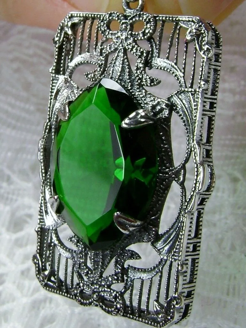 Green Emerald Pendant, Art Deco Sterling Silver Filigree Jewelry, P24