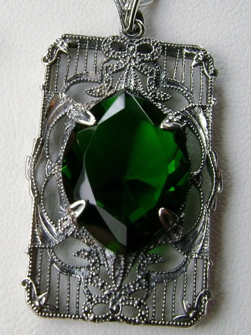 Green Emerald Pendant, Art Deco Sterling Silver Filigree Jewelry, P24