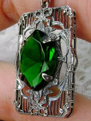 Green Emerald Pendant, Art Deco Sterling Silver Filigree Jewelry, P24