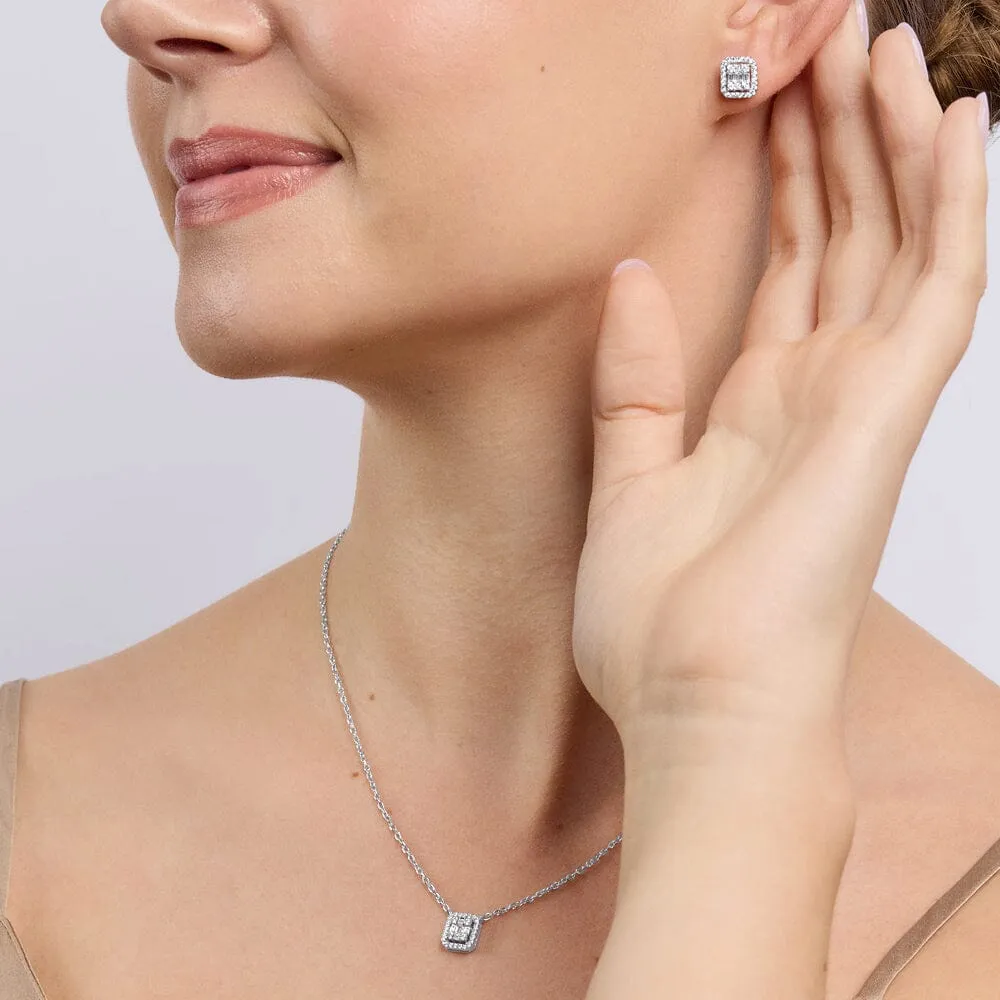 Halo Earring and Necklace Set with Cubic Zirconia in Sterling Silver
