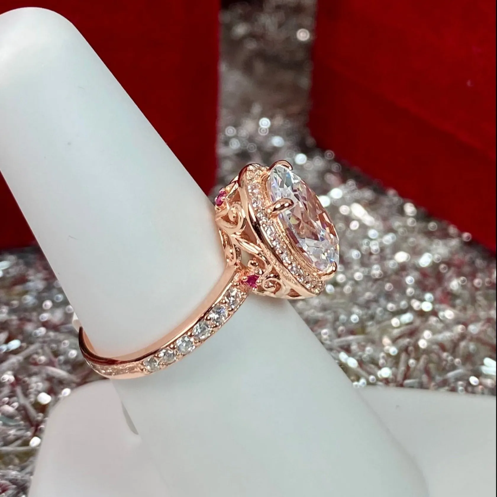 Halo Ring, White CZ Gems, Art Deco Rose Gold plated Sterling Silver Filigree #D228