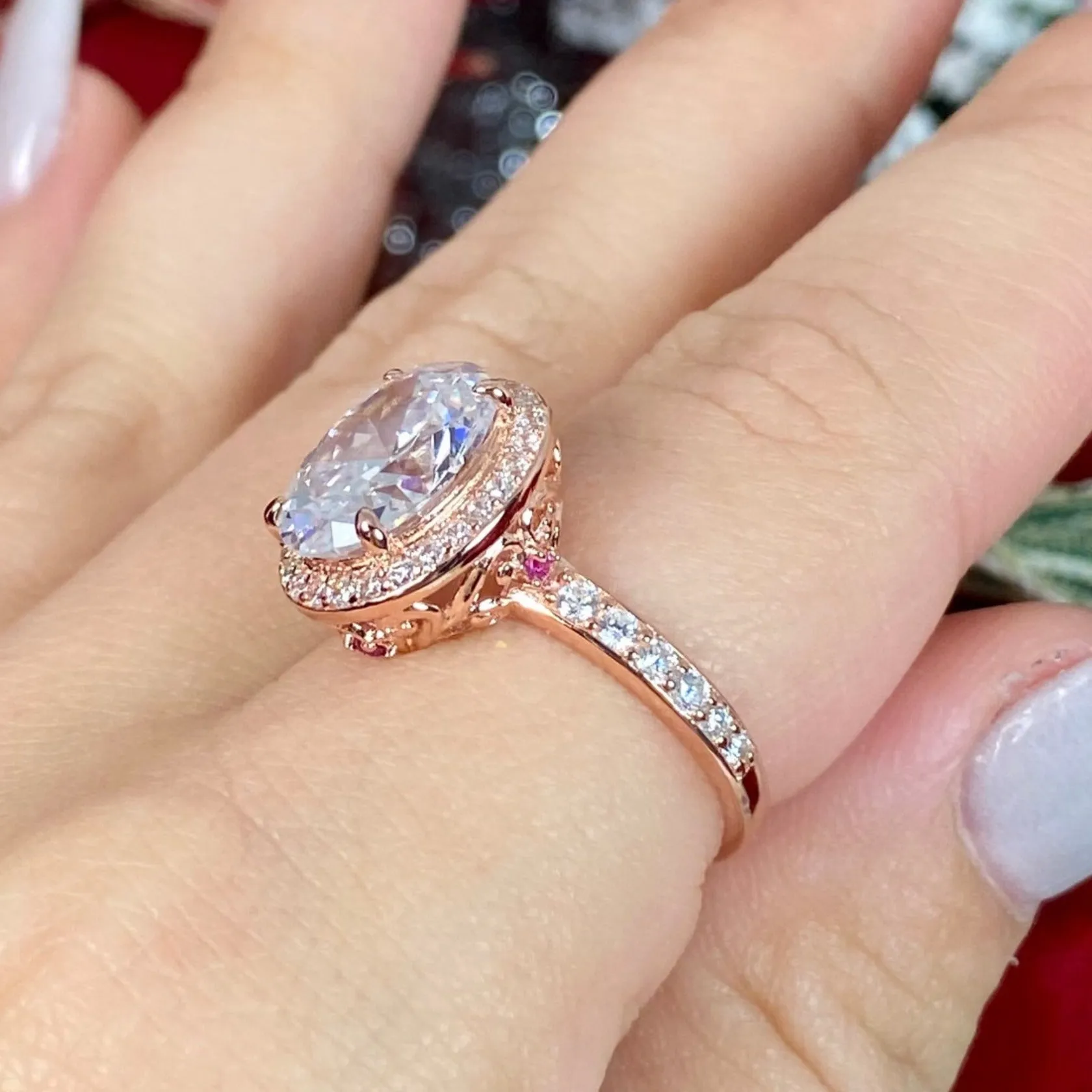 Halo Ring, White CZ Gems, Art Deco Rose Gold plated Sterling Silver Filigree #D228