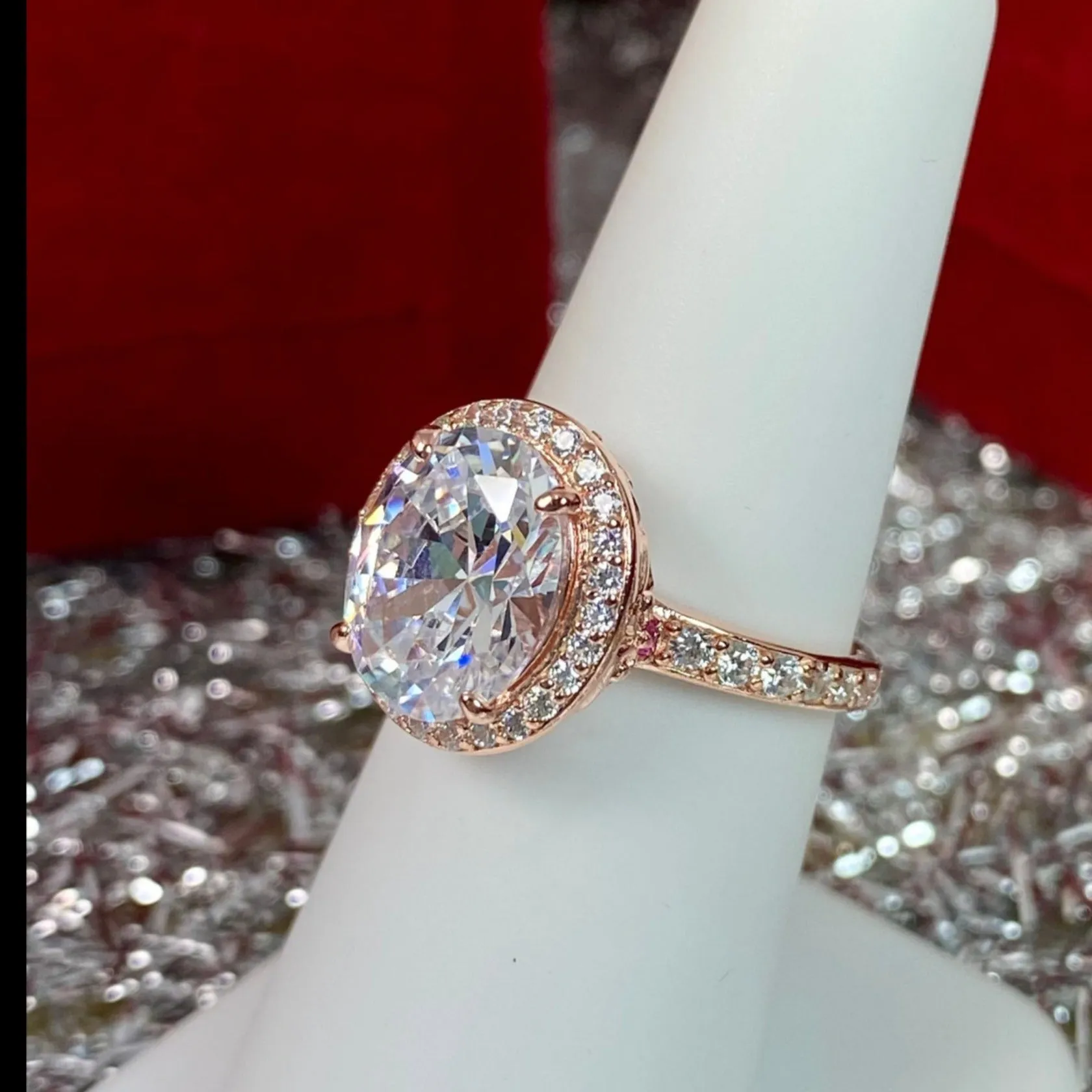 Halo Ring, White CZ Gems, Art Deco Rose Gold plated Sterling Silver Filigree #D228