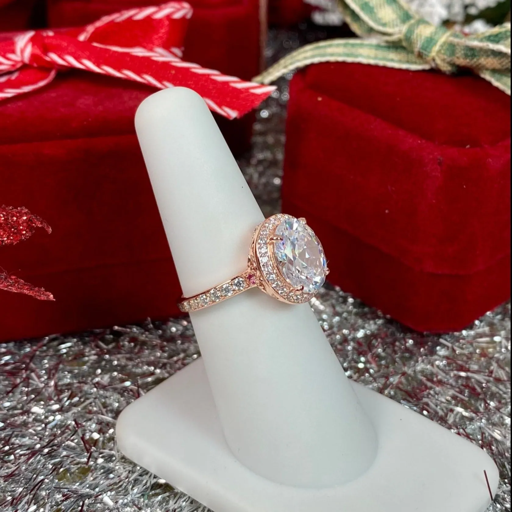 Halo Ring, White CZ Gems, Art Deco Rose Gold plated Sterling Silver Filigree #D228