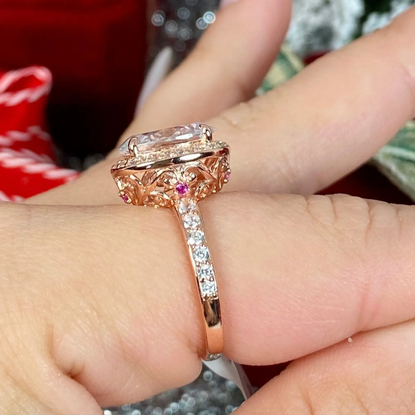 Halo Ring, White CZ Gems, Art Deco Rose Gold plated Sterling Silver Filigree #D228
