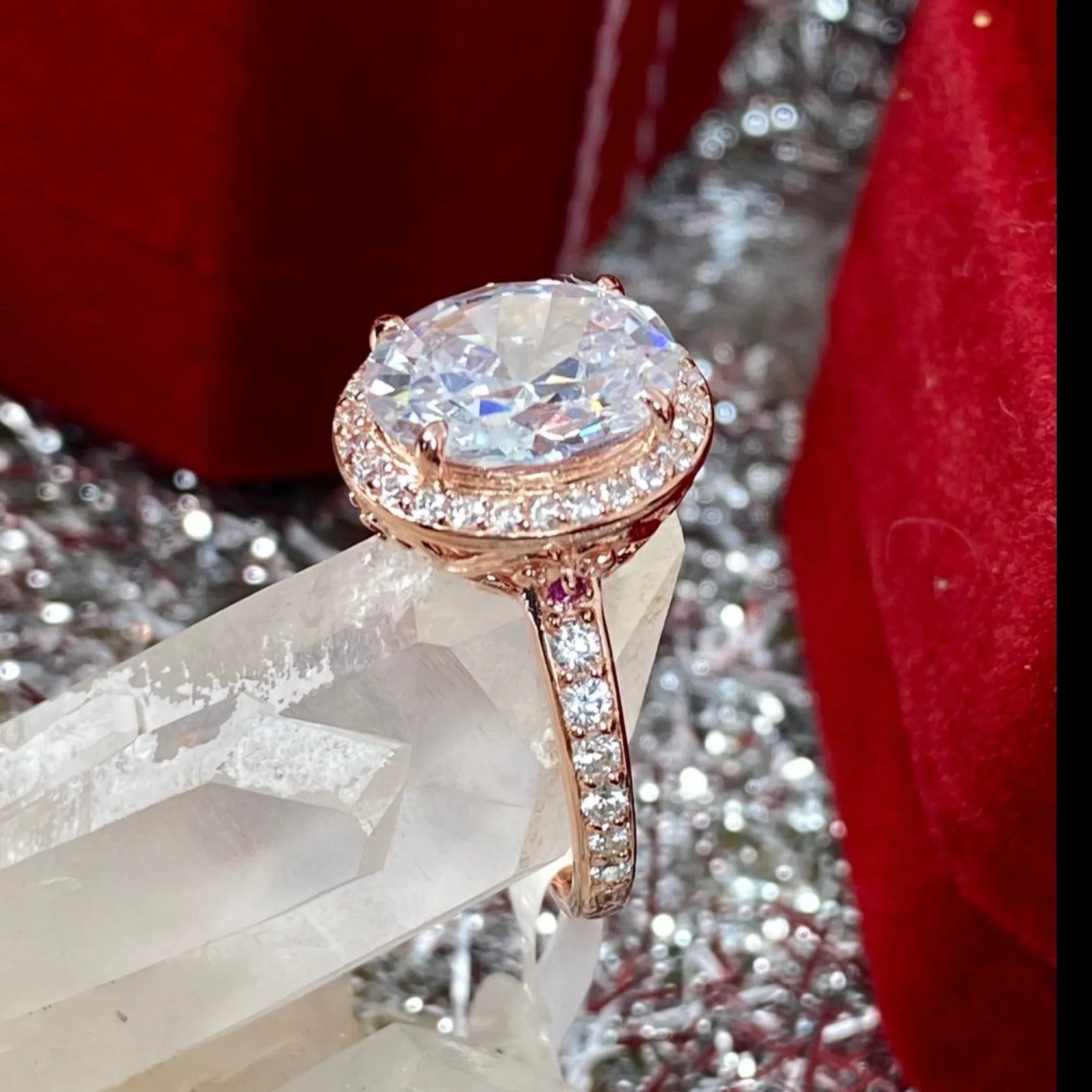 Halo Ring, White CZ Gems, Art Deco Rose Gold plated Sterling Silver Filigree #D228