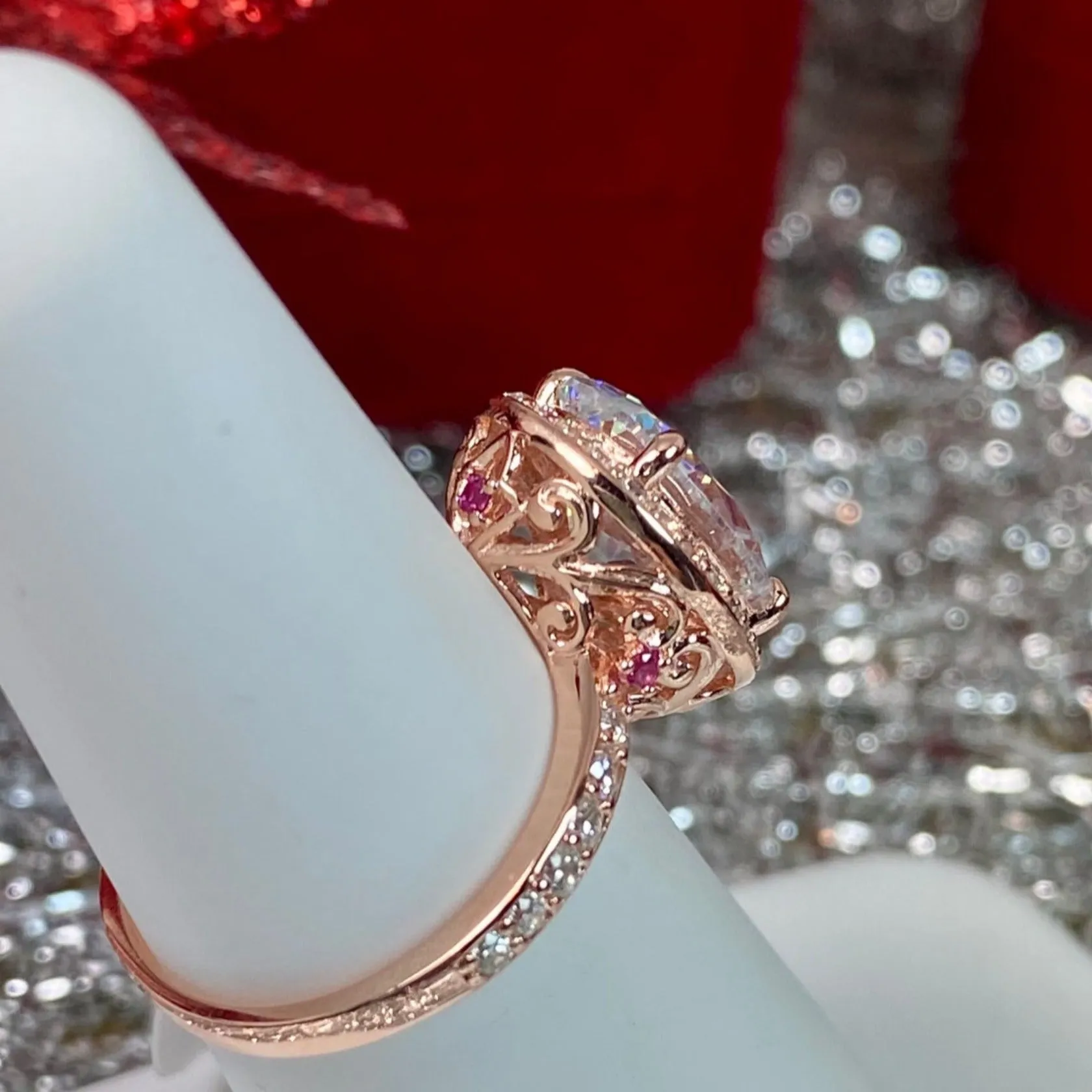 Halo Ring, White CZ Gems, Art Deco Rose Gold plated Sterling Silver Filigree #D228