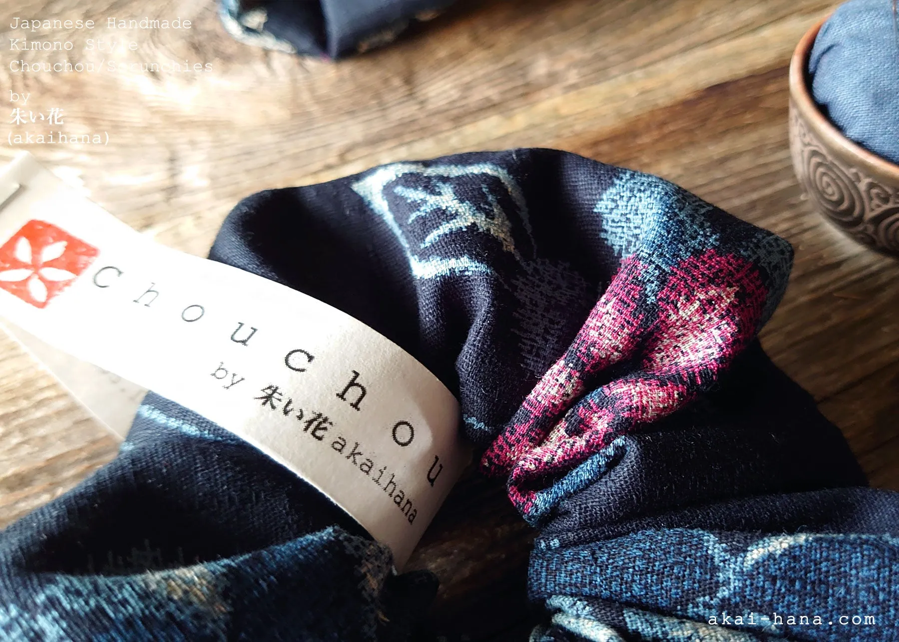 Handmade Kimono style Scrunchies, Aizome Style, 100% Japanese cotton, scjf0037