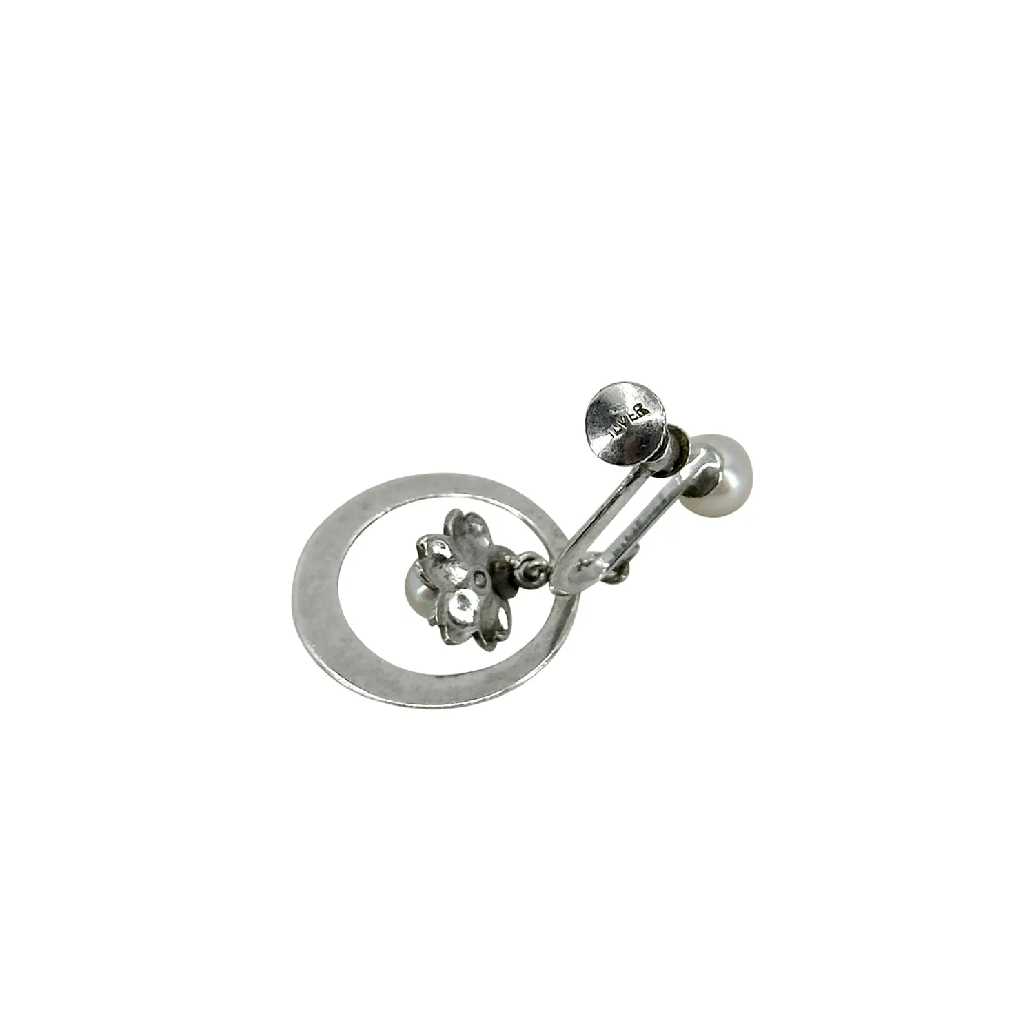 Hoop Cherry Blossom Japanese Sakura Akoya Saltwater Cultured Pearl Screwback Earrings- Sterling Silver