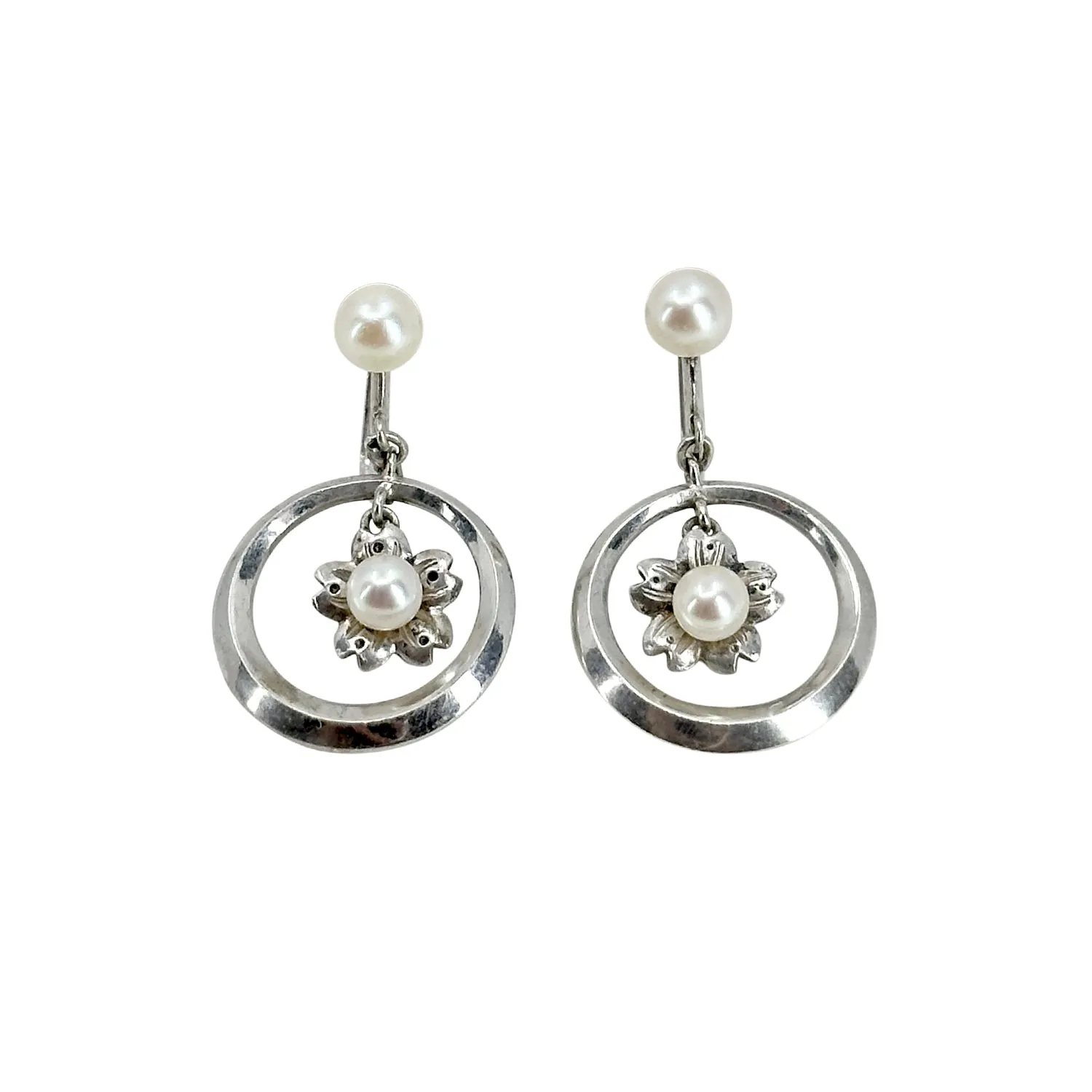 Hoop Cherry Blossom Japanese Sakura Akoya Saltwater Cultured Pearl Screwback Earrings- Sterling Silver
