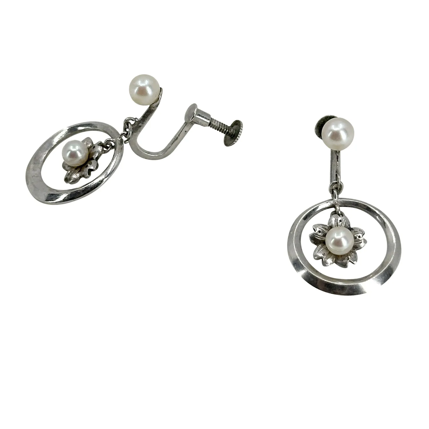Hoop Cherry Blossom Japanese Sakura Akoya Saltwater Cultured Pearl Screwback Earrings- Sterling Silver