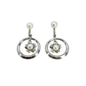Hoop Cherry Blossom Japanese Sakura Akoya Saltwater Cultured Pearl Screwback Earrings- Sterling Silver