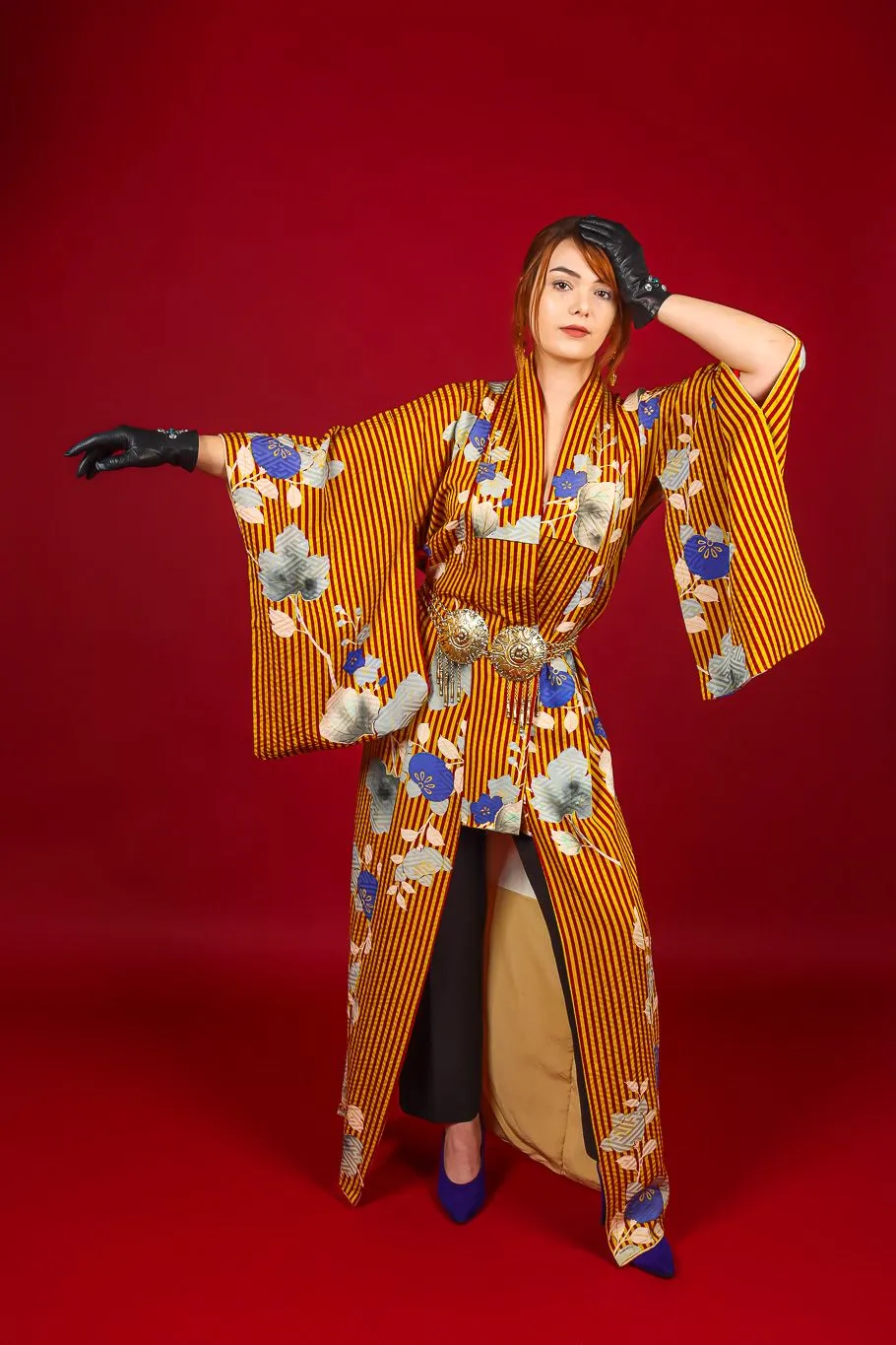 Japanese Autumn Stripe Floral Kimono