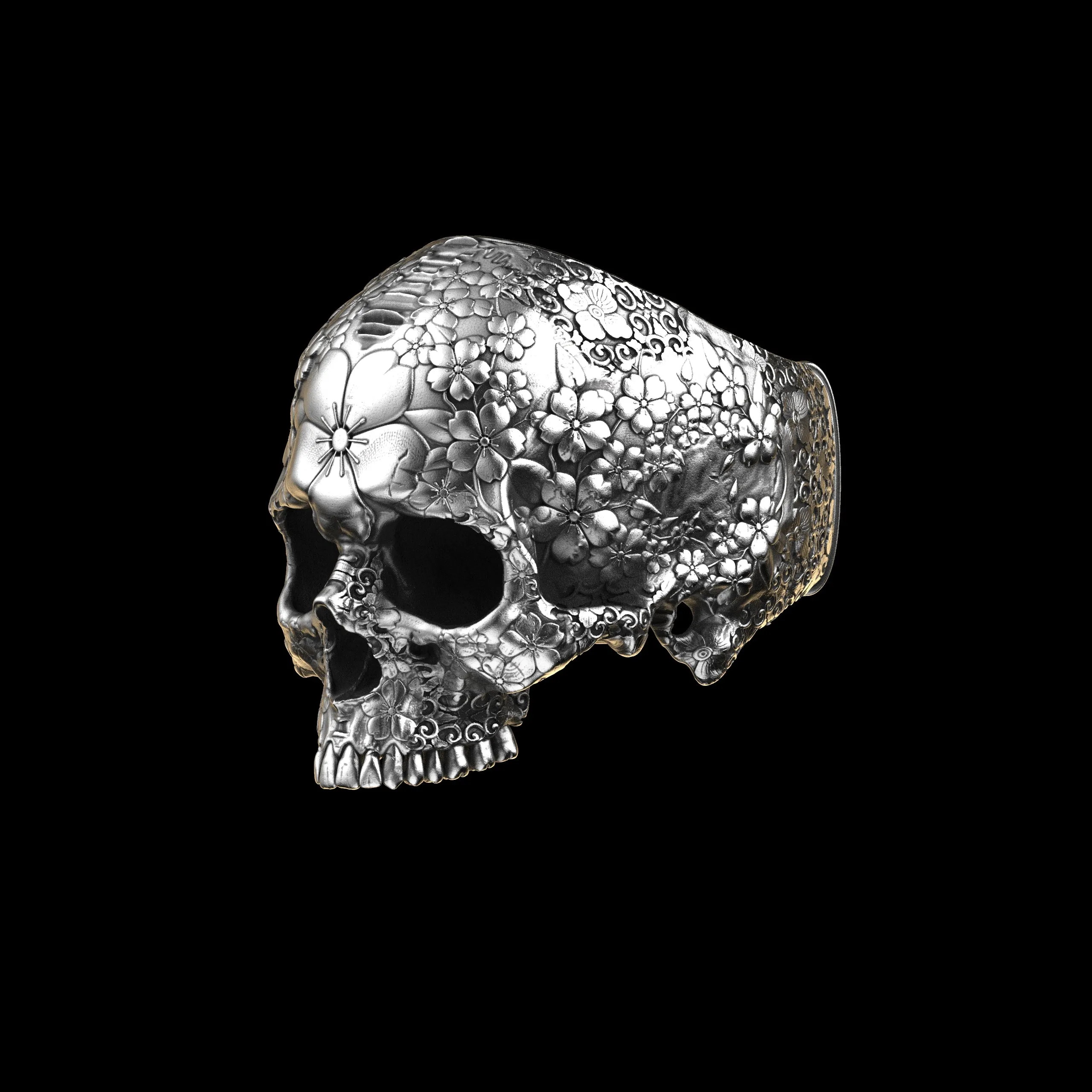 Japanese Garden Skull Ring Sterling Silver