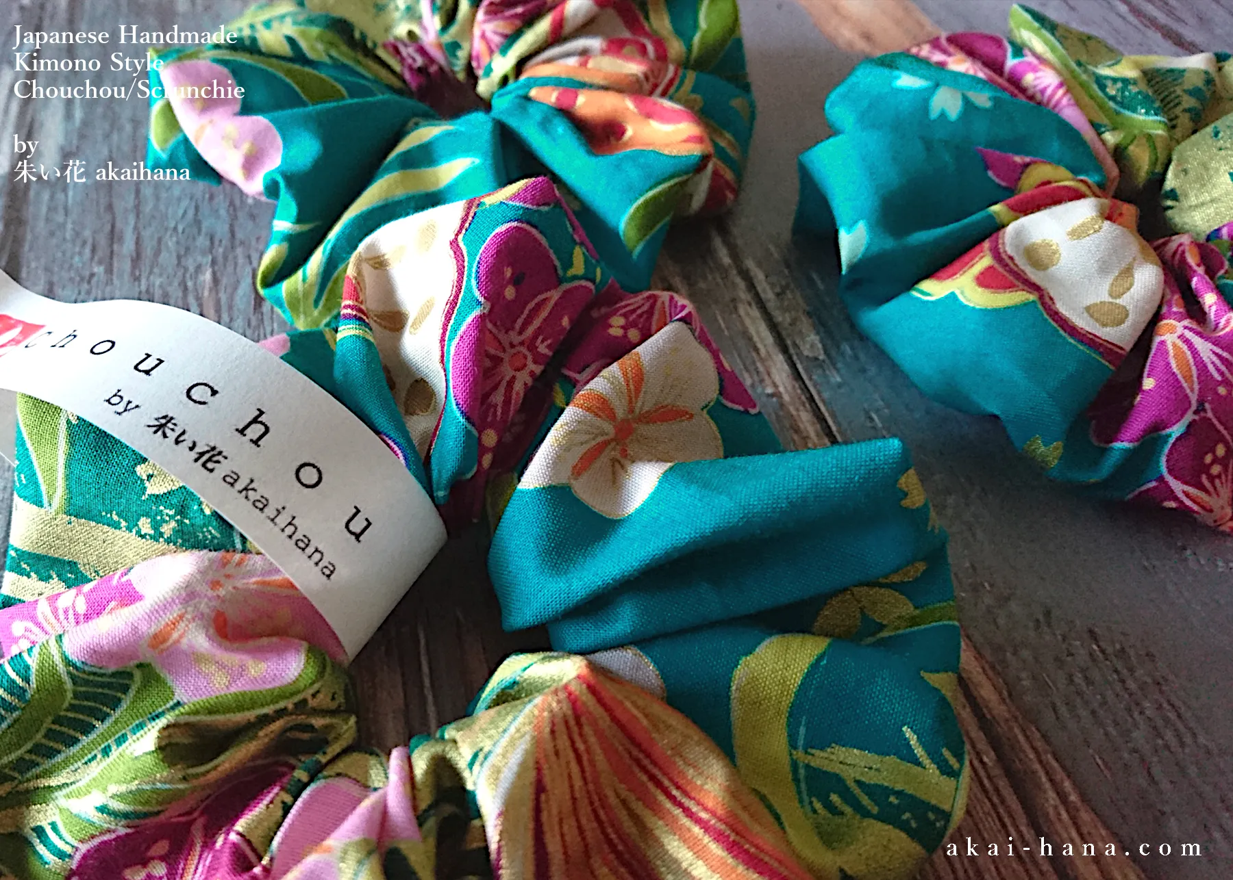 Japanese Handmade Kimono Style Chouchou/Scrunchies, Turquoise Floral, scjf0017