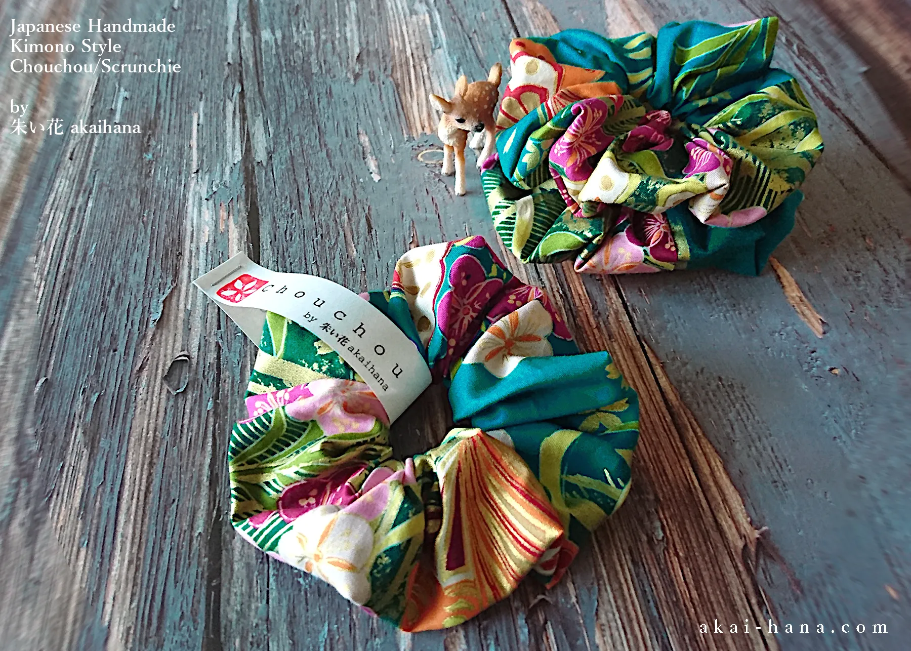 Japanese Handmade Kimono Style Chouchou/Scrunchies, Turquoise Floral, scjf0017
