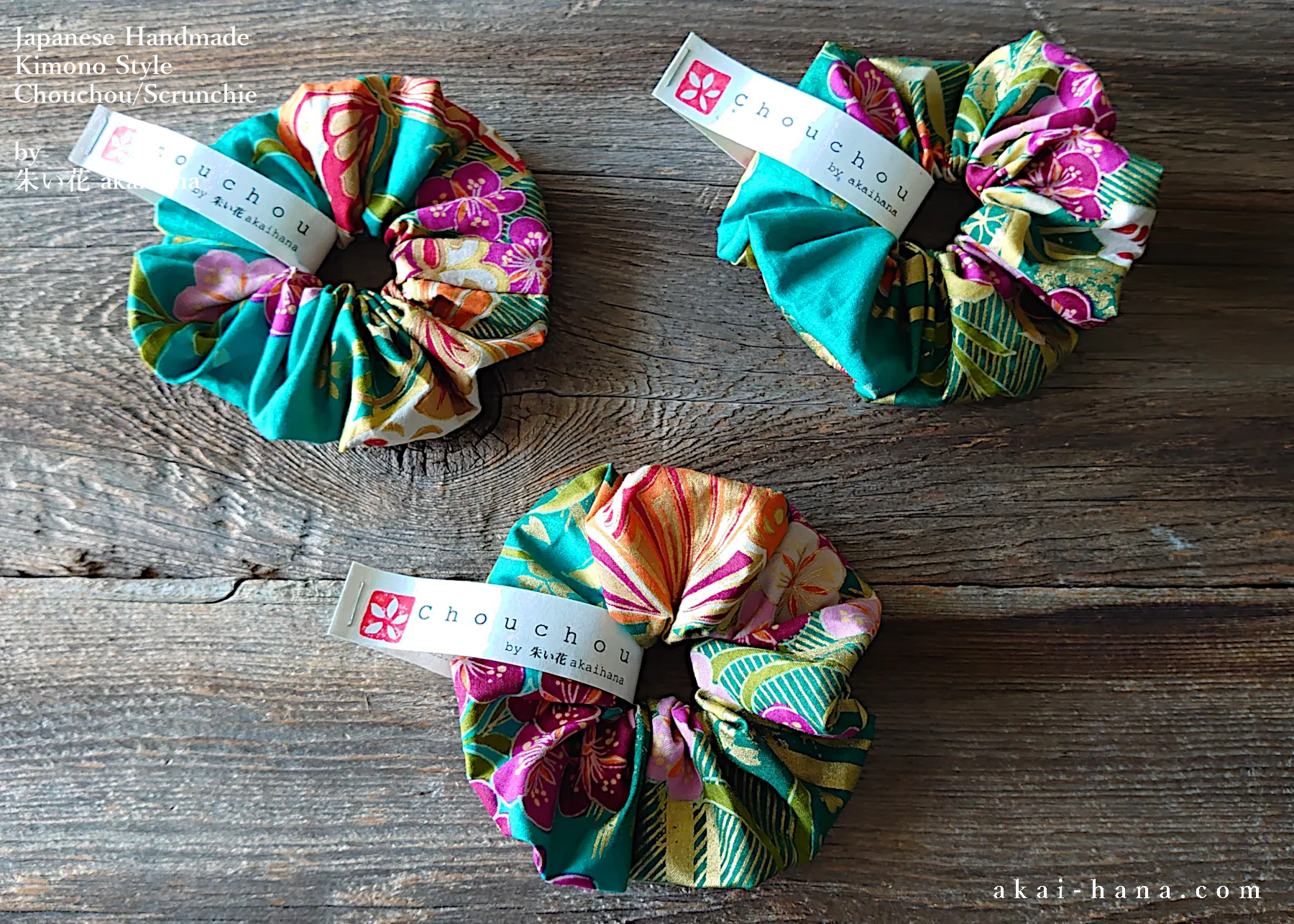 Japanese Handmade Kimono Style Chouchou/Scrunchies, Turquoise Floral, scjf0017