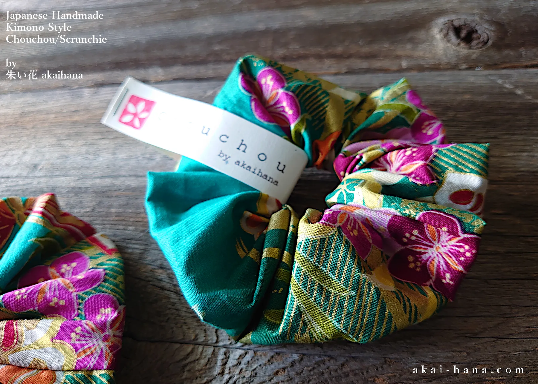 Japanese Handmade Kimono Style Chouchou/Scrunchies, Turquoise Floral, scjf0017