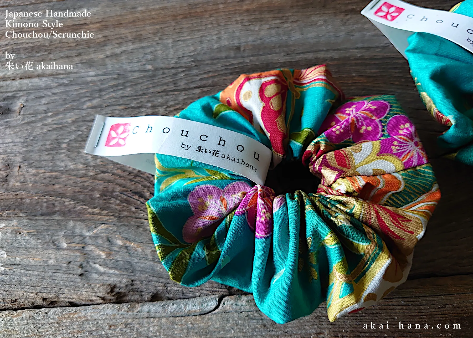 Japanese Handmade Kimono Style Chouchou/Scrunchies, Turquoise Floral, scjf0017