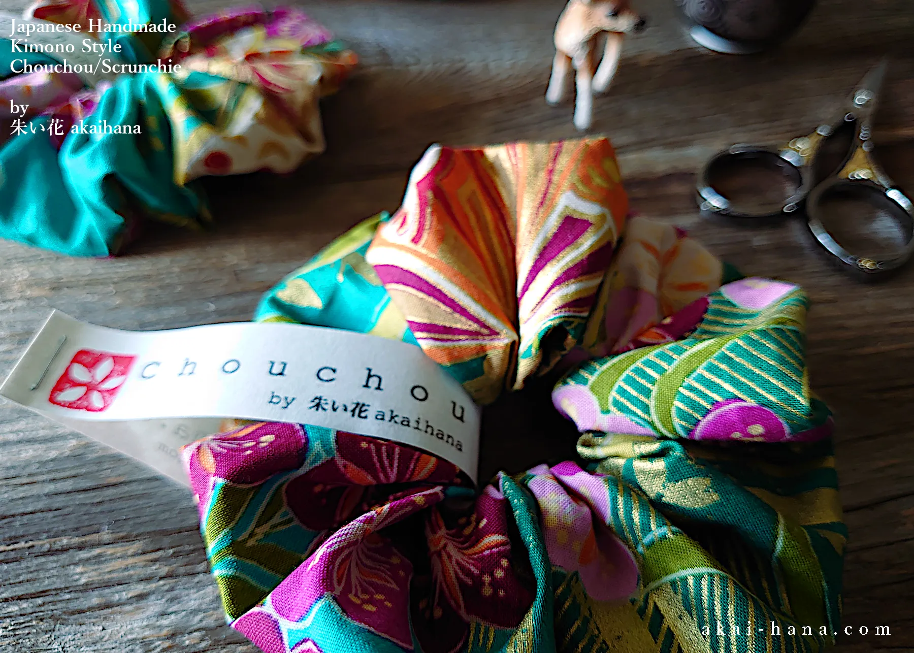 Japanese Handmade Kimono Style Chouchou/Scrunchies, Turquoise Floral, scjf0017