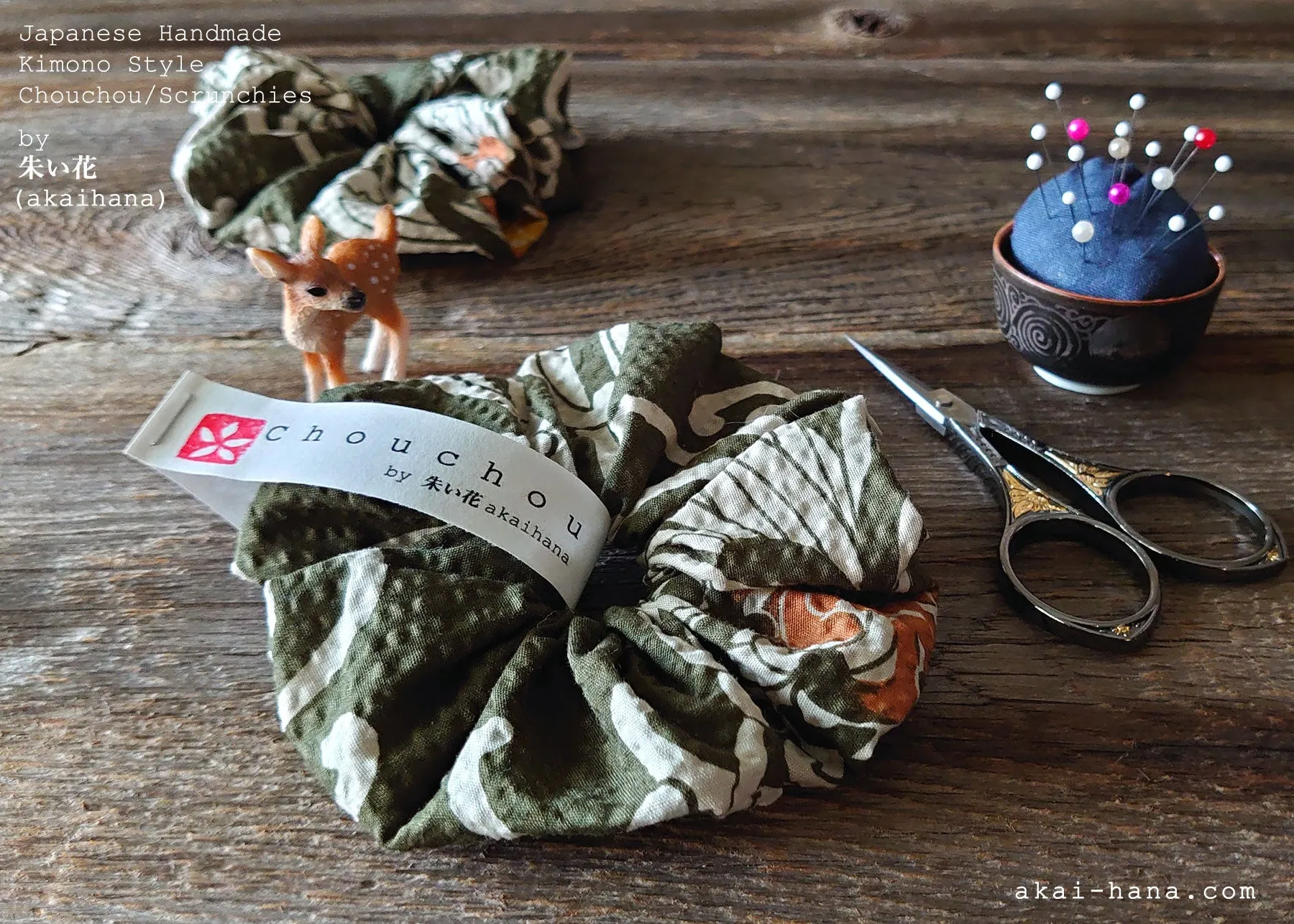 Japanese Handmade Kimono style Scrunchies, Chrysanthemum Matcha Green, scjf0072