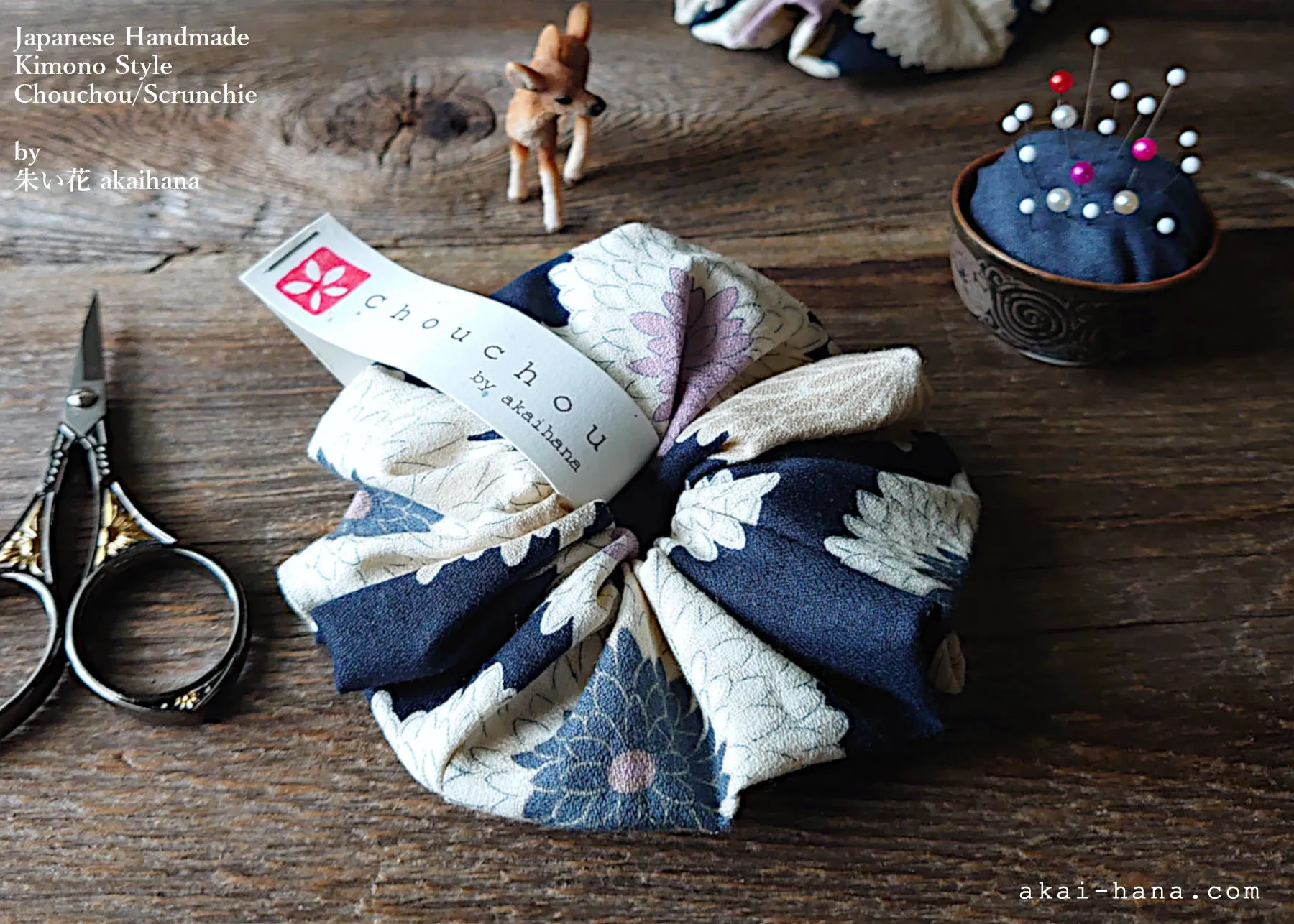 Japanese Handmade Kimono style Scrunchies, Chrysanthemum Navy, scjf0009
