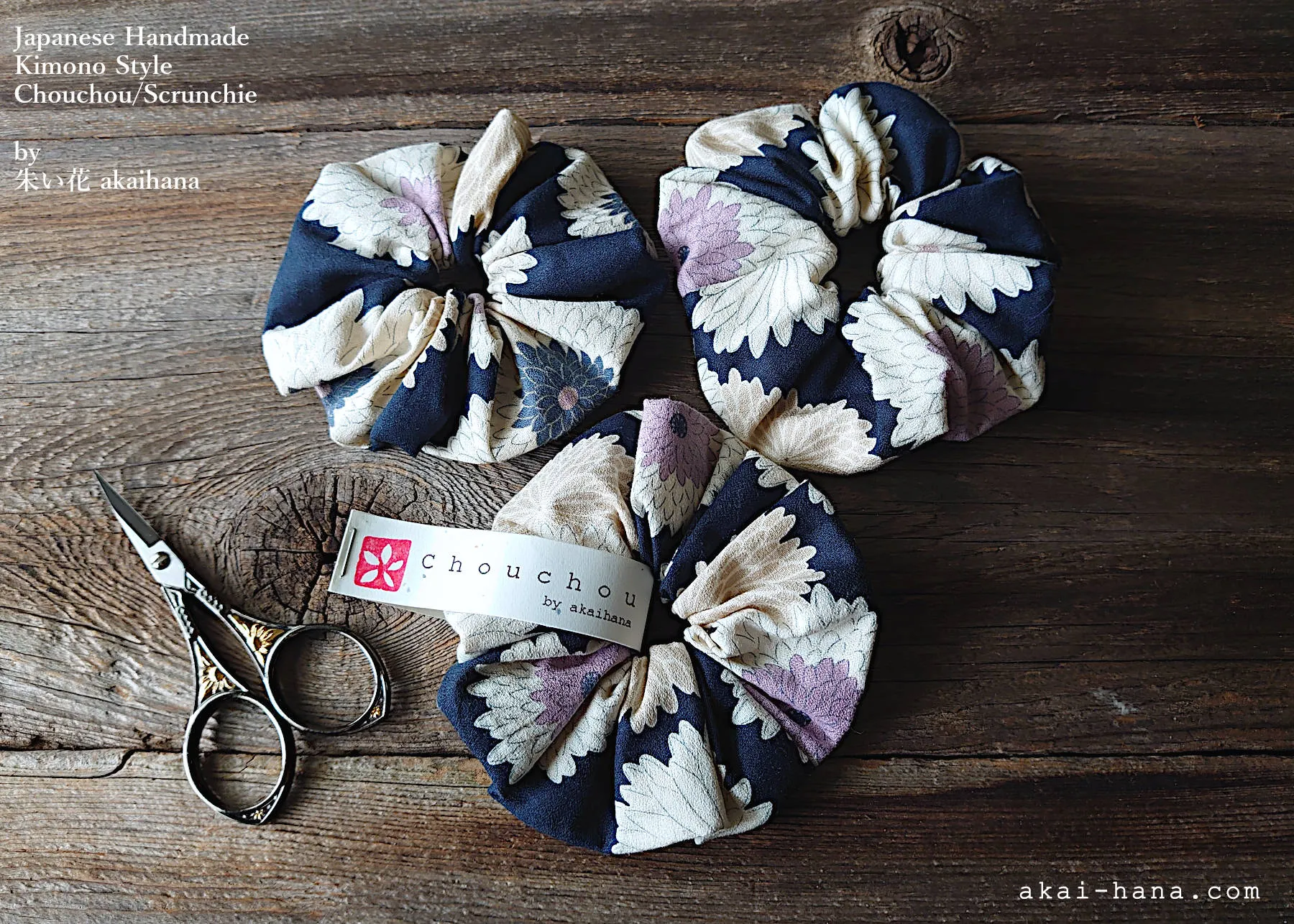 Japanese Handmade Kimono style Scrunchies, Chrysanthemum Navy, scjf0009