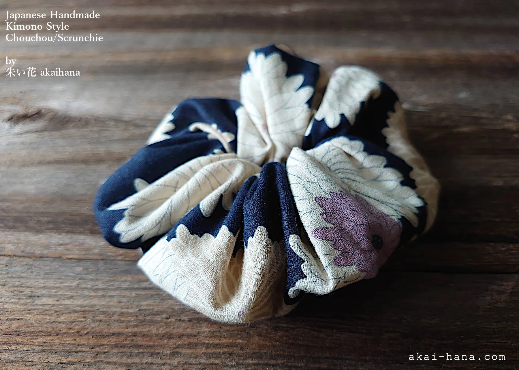 Japanese Handmade Kimono style Scrunchies, Chrysanthemum Navy, scjf0009