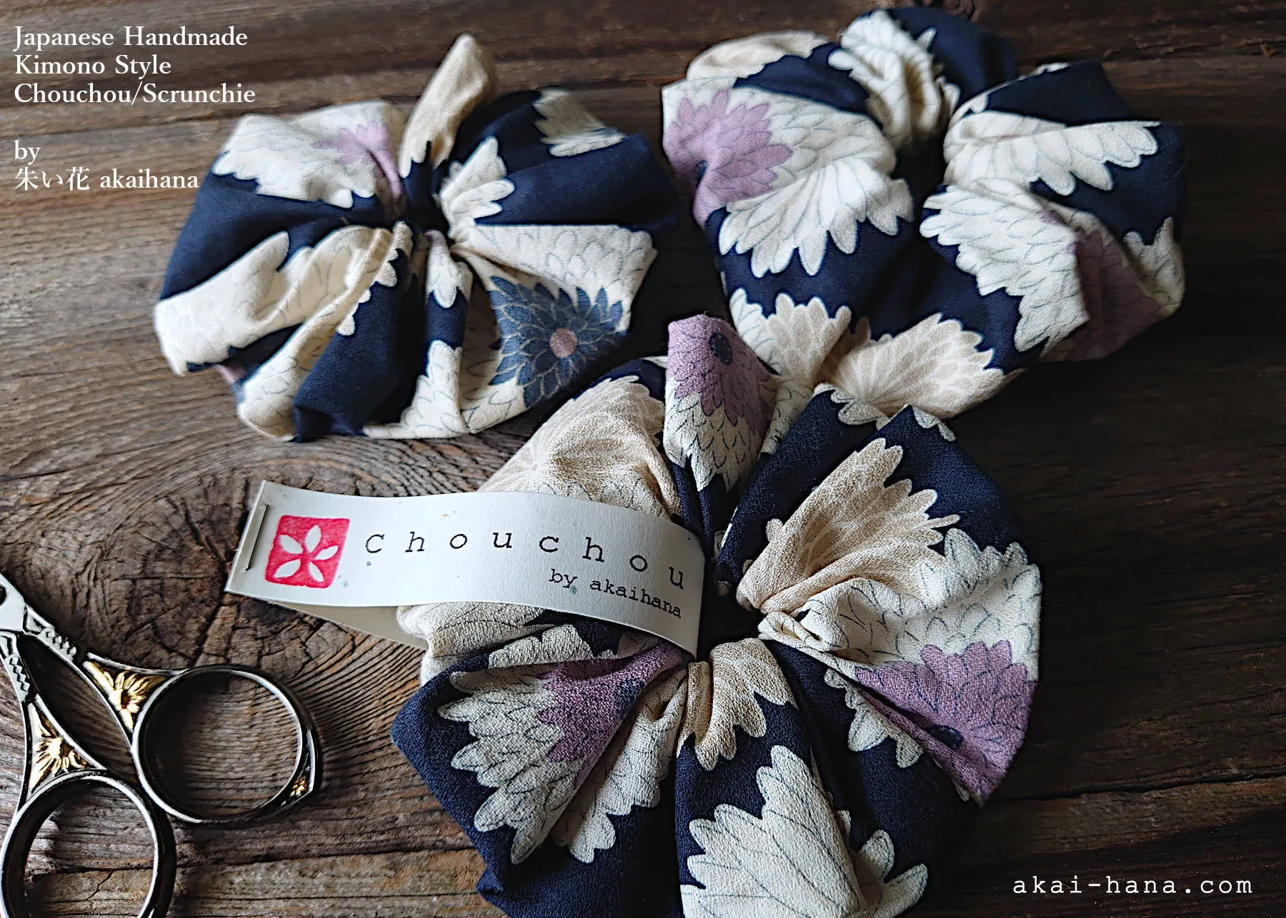 Japanese Handmade Kimono style Scrunchies, Chrysanthemum Navy, scjf0009