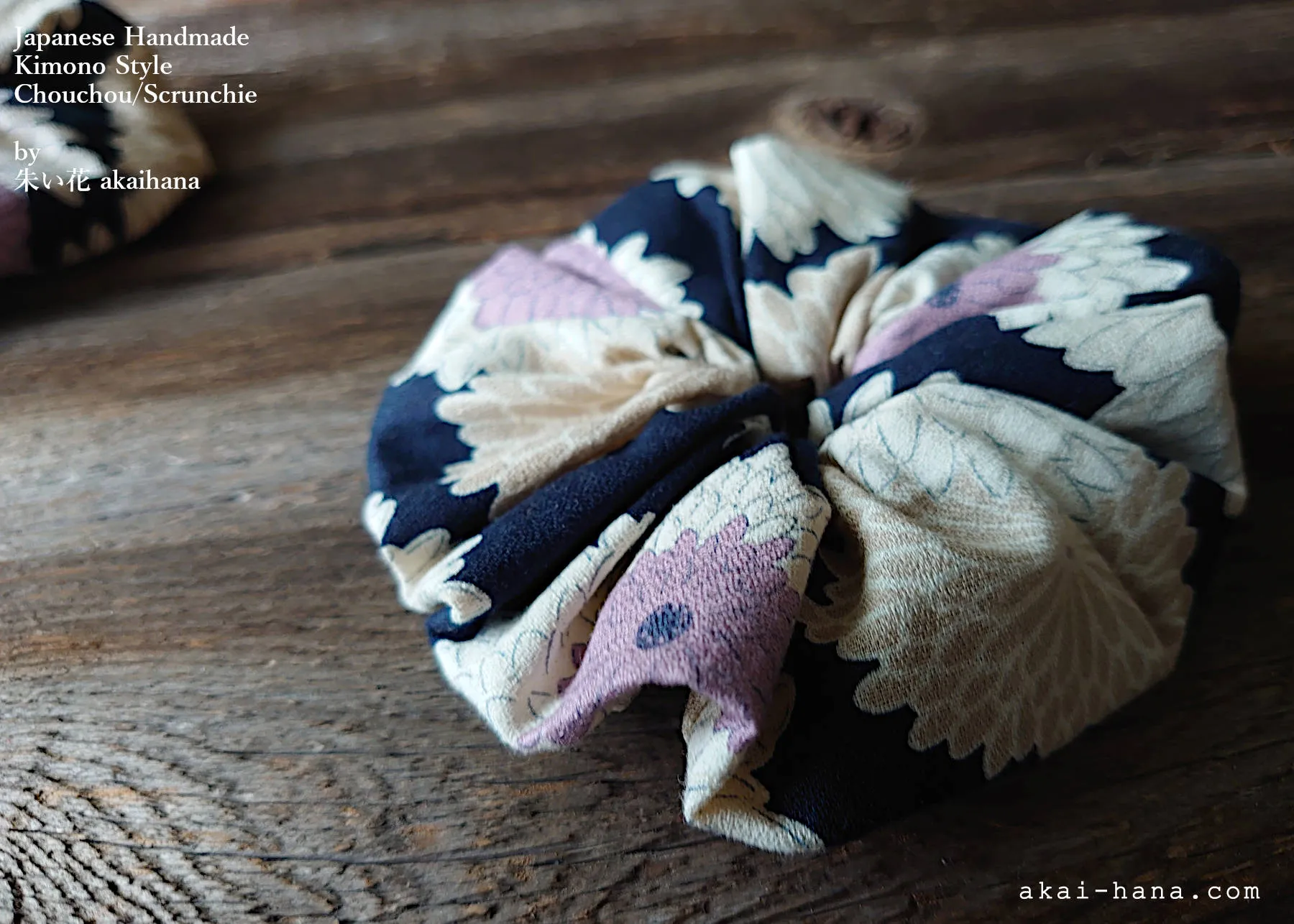 Japanese Handmade Kimono style Scrunchies, Chrysanthemum Navy, scjf0009