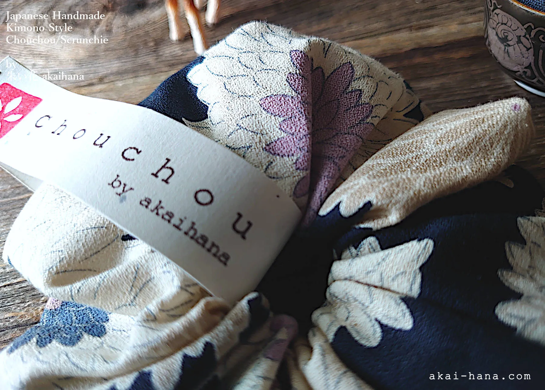 Japanese Handmade Kimono style Scrunchies, Chrysanthemum Navy, scjf0009
