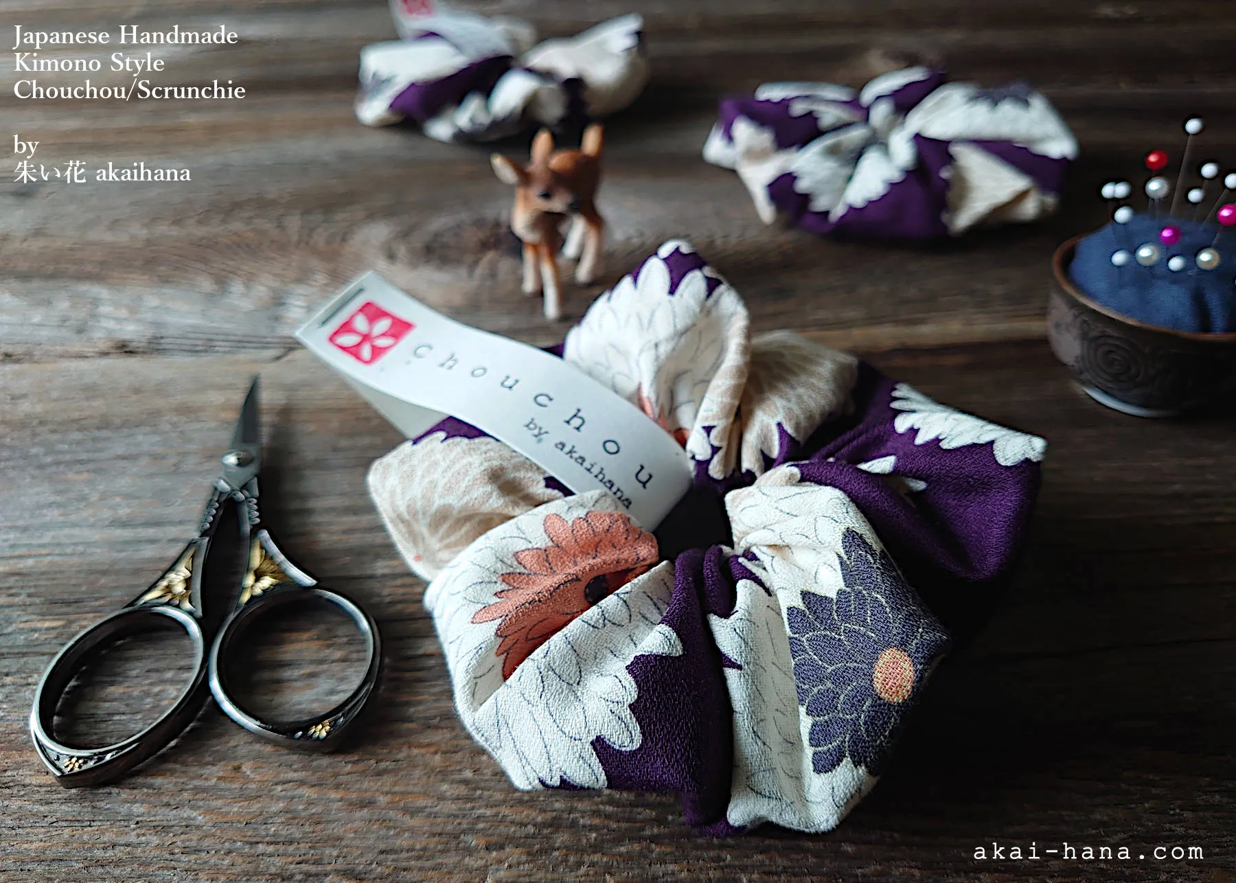 Japanese Handmade Kimono style Scrunchies, Chrysanthemum Purple, scjf0010